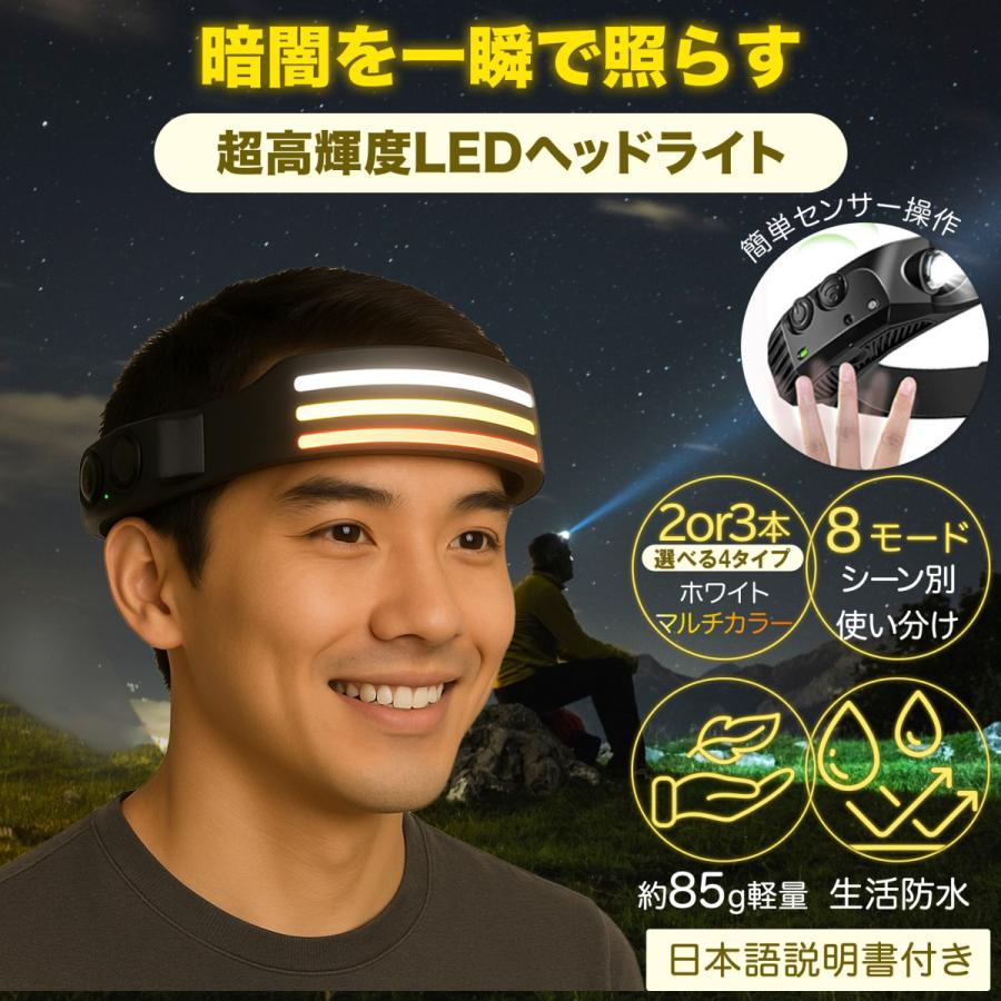 ヘッドライト 充電式 led 軽量 防水 USB 三色 3色 防災 キャンプ 停電 作業灯 230° 登山 釣り 屋外 アウトドア ランニング