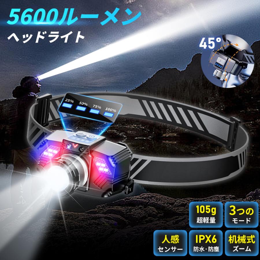 ヘッドライト 充電式 ＼年間1位！／ 5600ルーメン LED アルミ製 センサー点灯 ズーム機能 角度調整 作業 登山 釣り 軽量 高輝度 小型 コンパクト 防水 防災
